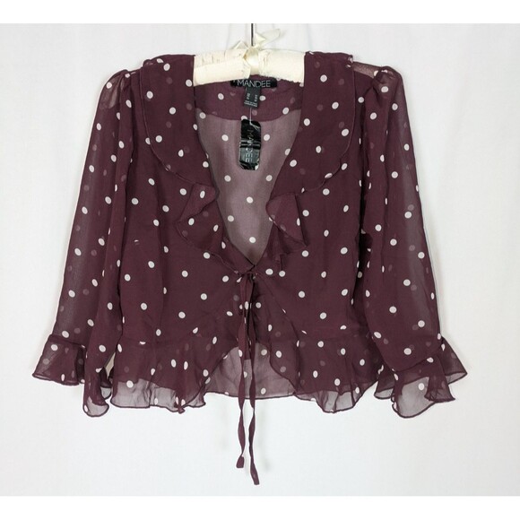 Mandee Blouse M Women's Purple Polka Dot Vneck Tie Front Sheer Ruffles Girly - Picture 1 of 6